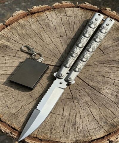 Benchmade Gri Kuru Kafa Desenli Çakmak Hediyeli Kelebek Çakı