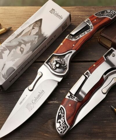 Columbia Company MB-3951-A Gravür İşlemeli Ahşap Kabze Kamp Çakısı