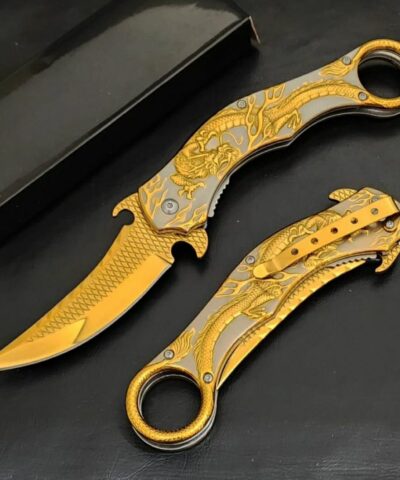 Gold Ejderha Desenli Otomatik Kamp Çakısı