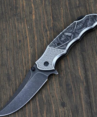 Haps Bugs Kabartmalı Siyah Şovelye İşlemeli Otomatik Kamp Bıçağı